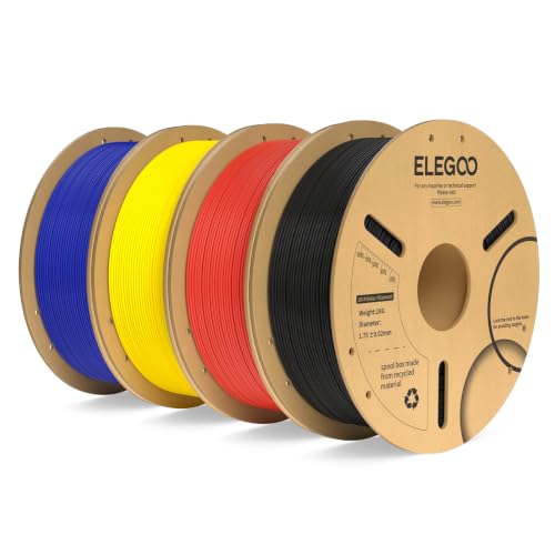 Image of ELEGOO PLA Plus Filament 1.75mm Bundle 4KG, PLA+ Tough 3D Printer Filament Dimensional Accuracy + /- 0.02mm, 4 Pack 1kg Spool(Black /Red /Yellow /Dark Blue)
