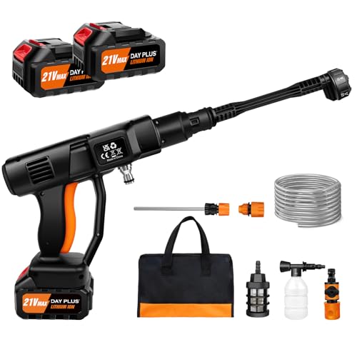High Pressure Washer Gun Portable Power Washer, 21V Cordless Pressure Cleaner with 6-in-1 Nozzle, 5m Hose, 45 Bar/652 PSI, Foam Pot, 2X 3.0Ah Battery, Ideal for Car Washing, Patio Cleaning and More