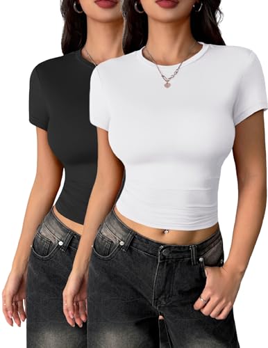 Zeagoo Confezione da 2 Maglietta Donna Manica Corta Stretta T Shirt Basic Tinta Unita Magliette Casual Estivo Girocollo Corto Top Bianco e Nero Set S