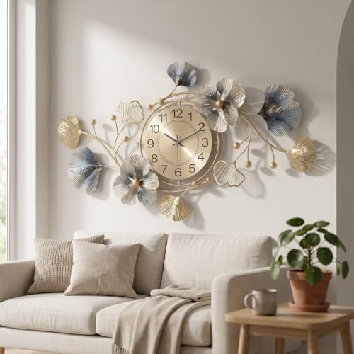 Image of Metal Floral Wall Clock for Hall Modern Decorative Round Wall Clock Accent Gold and Blue Leaves Design Clock for Bed Room Statement Home Decor