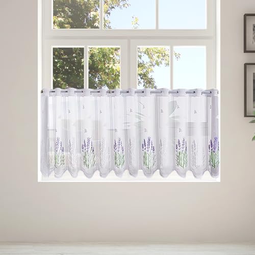 ALKNOT Scheibengardine Weiß mit Lochleiste – Transparente Kurzgardine im Landhaus-Vintage-Stil mit Spitzenoptik & Jacquard-Muster – Für Küche & Wohnzimmer – 150 x 50 cm (1 Stück)