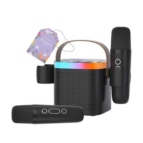 Portable Karaoke Machine with 2 Wireless Microphones, Mini Bluetooth Speaker with LED Lights 5 Sound Modes, Small Home Party Toy for Kids Teens Adults, Ideal Gift for Ages 3-12