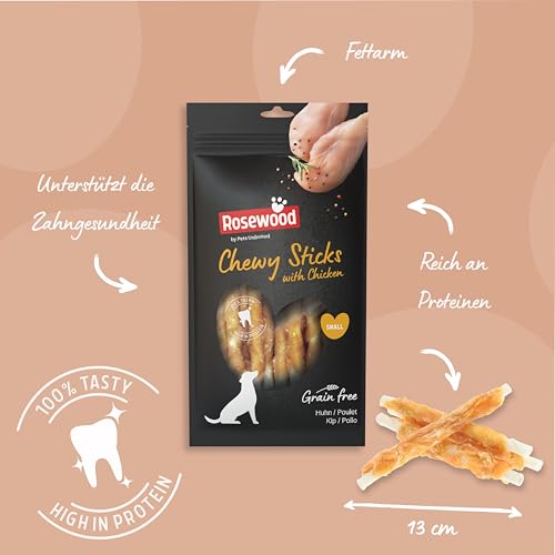 Rosewood Chewy Sticks Huhn Small – Kaustangen für Hunde mit Huhn, Rinderhautsnack, Rohhautsnack, unterstützt die Zahnpflege, ohne Getreide, ohne künstliche Zusatzstoffe, 100 g