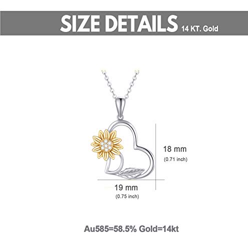14k Gold Sunflower Heart Necklace for Women,"You are my sunshine" Real Gold Love Jewelry Gifts for Wife Girlfriend, Present for Her16"-18"2