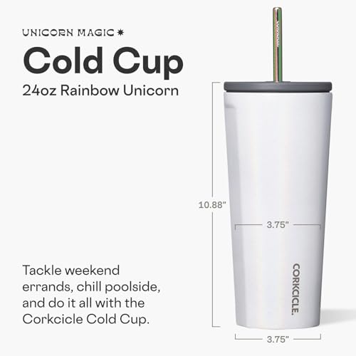 Corkcicle Cold Cup Insulated Tumbler with Straw - Keeps Drinks Cold for 12 Hours - Triple-Insulated Stainless Steel - Leak-Resistant Lid - Summer Drinkware Gift - 24 oz - Unicorn Magic