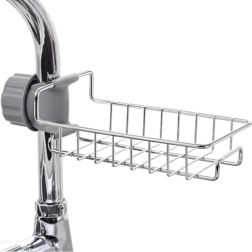 Image of Stainless Steel Adjusting Multifunctional Over Kitchen Sink Caddy Clamp Faucet Sponge Scrubber Holder Storage Hanging Shelf Draining Bathroom Tap Shampoo Soap Organizer Rack (Pack 1)