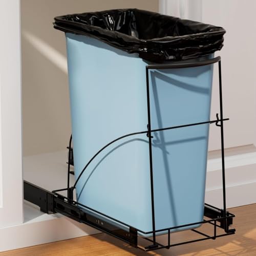 Pull Out Trash Can Under Cabinet, Heavy Duty Under Sink Organizer, Black | Holds 35-40 Qt Can, Smooth Ball-Bearing Slide, Up 100 Lbs Capacity, Requires 13″W X 18″D Cabinet Opening, Can Not Included