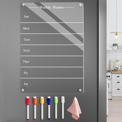 Image of Todkoding 9"x13" Clear Weekly Meal Planner Magnetic Acrylic Board,Acrylic Magnetic Dry Erase Board for Fridge, Magnet Week Calendar for Refrigerator Includes 6 Colors Markers