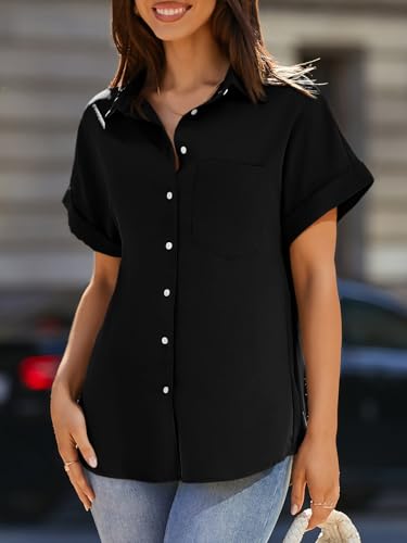 Womens Short Sleeve Shirts V Neck Collared Button Down Shirt Tops with Pockets3
