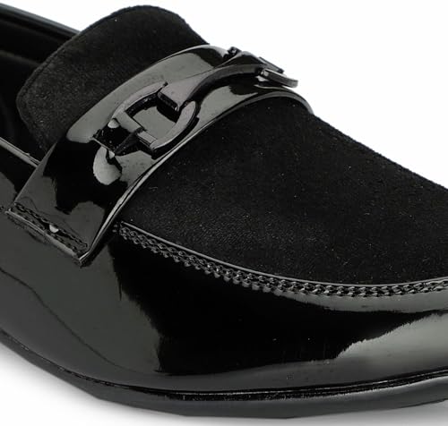 Image of Men's Black Patent Finish Formal Loafers | Stylish Slip-On Shoes for Men | Velvet & Glossy Designer Moccasins