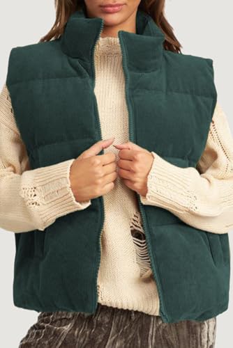 Women's Jungle Green Corduroy Stand Neck Zipped Puffer Vest for Casual Style2