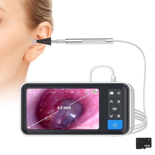 Wasd3Pods Otoscopio Digital con Pantalla De 4,5', Cámara De Oído De 1080p con Herramienta De Eliminación De Cerumen, Cámara Limpiadora De Oídos De 3,9 Mm con Luz, con Tarjeta De 32 GB