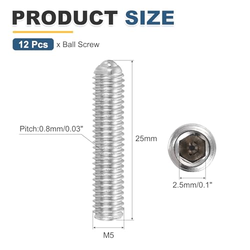QUARKZMAN Silberne Kugelkopf-Gewindestifte M5x25mm 304 Edelstahl Sechskant-Federstifte Madenschrauben Für Industrielle Elektronische Maschinen Hausmöbel Reparatur Packung Mit 12 Stück