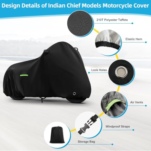 Image of Motorcycle Cover Waterproof for Indian Chief Dark Horse /Chief Bobber /Super Chief Limited, Heavy Duty Outdoor Sun UV Rain Dust All Weather Protection Motorbike Cover with Soft Cotton Lining & Lock Hole