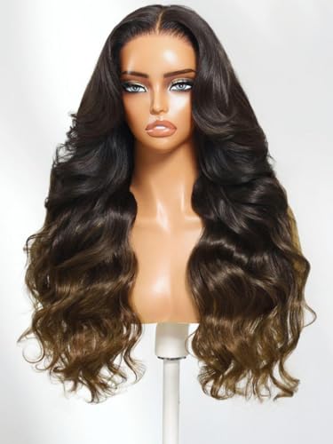 Image of Beauty Forever Pre Everything Black to Chestnut Brown Ombre Loose Wave Human Hair Wig 13x4 Lace Front Glueless Wig Pre Plucked Face Framing Layers Drawstring Wigs 150% Density Wear and Go 26inch
