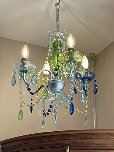Image of gypsy color The Original Brink House Plug-in 4 Light Blue Green Hanging Swag Chandelier H17.5 inchxW15 inch, Silver Metal Frame with Blue Green Glass Stem and Acrylic Crystals