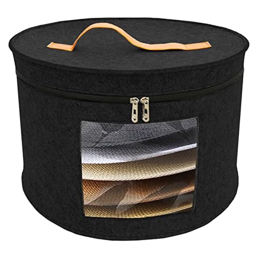 Aeeteek Hat Storage Box Portable Felt Organizer Bucket Foldable Large Capacity Round Travel Hat Container with Dust Proof Lid, Stuffed Animal Toys and Clothes Storage Bin Bag (Black-B (43 * 26CM))