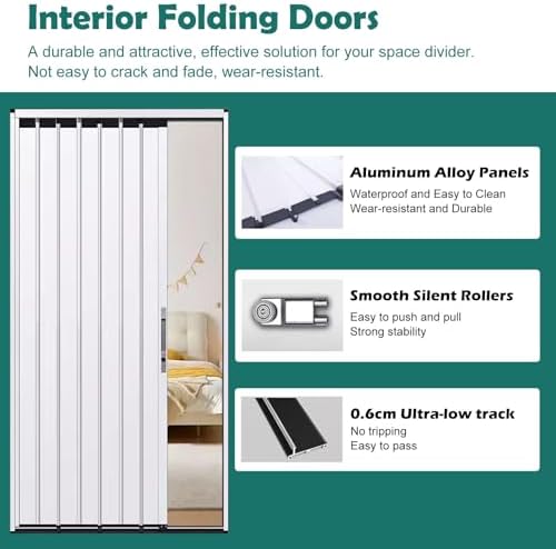 White Aluminum Accordion Soundproof Folding Door, Interior Room Divider for Bedroom, Closet, Stairwell, Entryway - Privacy Partition with Lock, 95x203cm (37.4x80in)