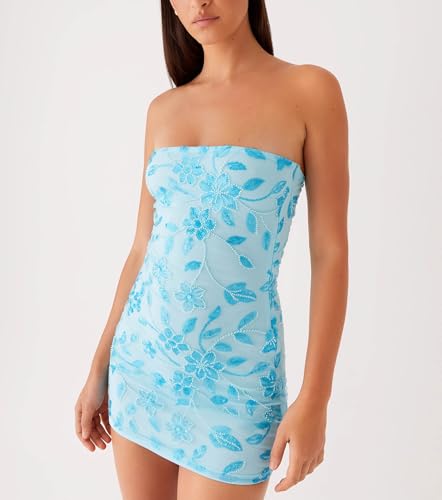 Women Beaded Sequin Mini Dress Y2k Floral Backless Short Sparkly Dresses Glitter Rhinestone Club Disco Dress Outfit4