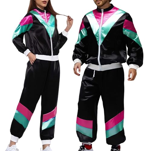 Genérico Disfarces anos 80 para homem, mulher, disfarce de fato de treino com idade 80, fato de treino retro para Rockstar carnaval Halloween cosplay festas disfarce néon, Preto, XXL