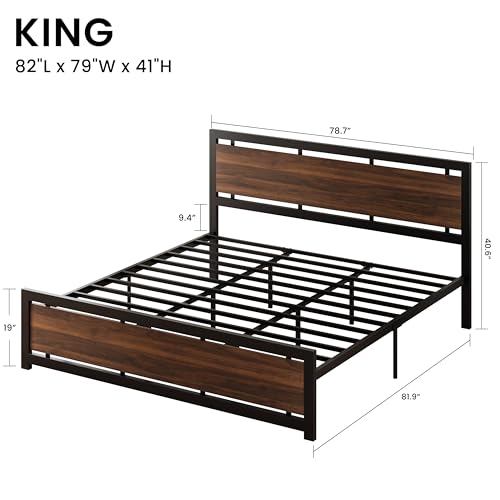 Image of LIKIMIO King Bed Frame with Headboard and Footboard, Metal Strong Supports, Easy Assembly, Noise-Free, No Box Spring Needed, Dark Walnut