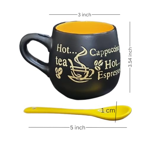 Image of HiTechMart Ceramic Coffee Mug with Spoon - Stylish Black & Yellow Cup for Tea, Cappuccino, Espresso - Embossed Design, Unique Gift for Coffee Lovers Colour May Vary