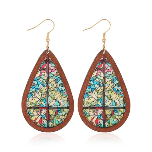 Bohemian Wood Teardrop Earrings for Women Acrylic Colorful Teardr...