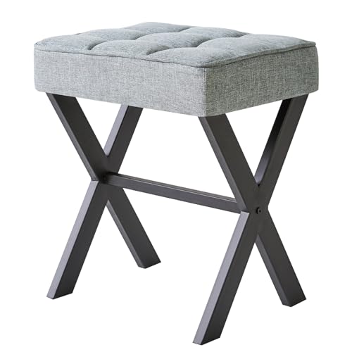 IBUYKE Square Makeup Stool with X-Leg, Linen Vanity Chair, Blue Gray LG-70L