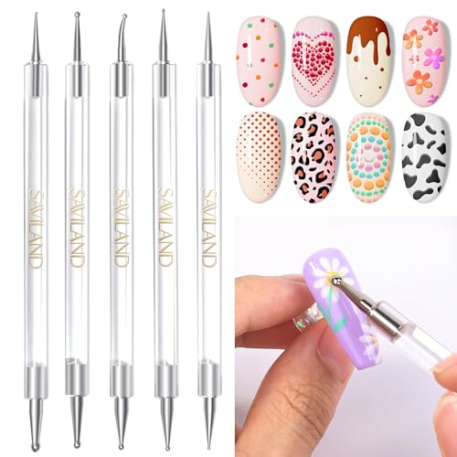 SAVILAND Quick-Paint Dotting Tools Nail Art Pen: 5PCS Multi-Size Nail Art Tools Double Ended Nail Design Kit for Dot Drawing Home Salon, Pattern Tracing Pen, Ball Embossing Pen for Transfer Paper
