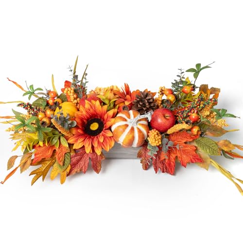 Image of Fall Centerpieces for Tables 28 inch Fall Table Centerpiece for Dining Table | Autumn Thanksgiving Table Centerpieces with Sunflowers,Pumpkins & Maple Leaves for Dining Room,Kitchen Table Decorations