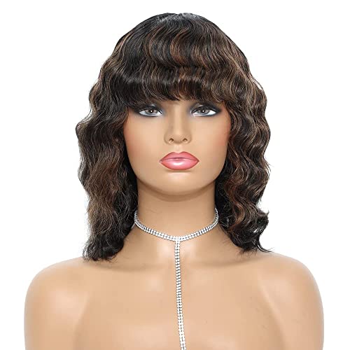 iShine Wavy Bob Wigs 100% Brazilian Remy Human Hair Wig with Natural Bangs Black Mixed Brown Short Wavy Bob Curly Wig 12 inch Curly Hair Wigs for Women -( #OP1B30)