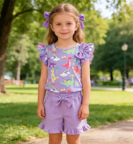 Image of Barlver Girls 2 Piece Short Set Baby Girl Summer Clothes Ruffle Sleeve T-Shirt and Bow Knot Shorts Toddler Girl Outfit Set