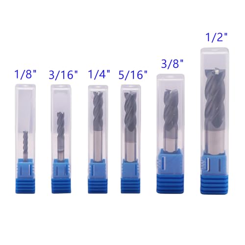 Image of 6Pcs 4 Flute Solid Carbide Square End Mills Set(1 /8 inch - 1 /2 inch), AlTiN Coated | 1 /8 inch, 3 /16 inch, 1 /4 inch, 5 /16 inch, 3 /8 inch, 1 /2 inch, 6Pcs End Mill Bit Set , 35 Degree Helix, CNC Router Bit