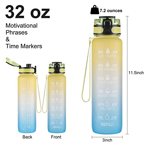 Image of 32 oz Large Water Bottle with Motivational Time Marker & Removable Strainer,Fast Flow BPA Free Non-Toxic for Fitness, Gym and Outdoor Sports (Yellow /Blue)