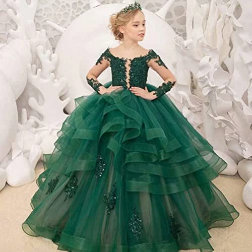 Long Sleeve Ball Gown Flower Girl Dresses Appliques Tulle Princess Pageant Prom Dress3