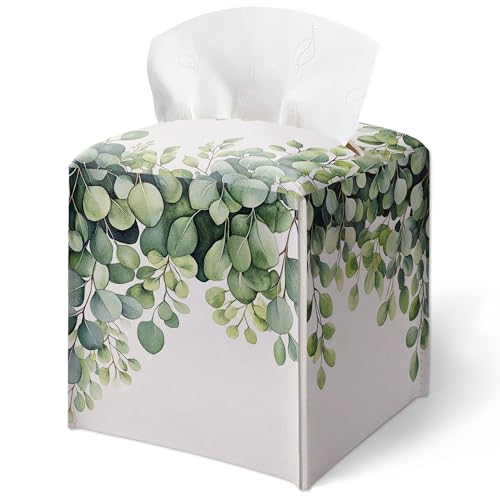 Green Foliage Watercolor Tissue Box Cover, Eucalyptus Leaves Print Tissue Box Cover Square-Waterproof Leather, Tabletop Decor for Living Room, Office, Aesthetic Home Decor, Gift for Women & Friend-A08 by GREOXG - Used condition - US$11.83