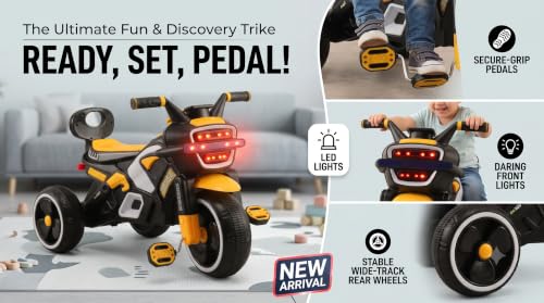 Image of SRECAP Kids Pedal Tricycle with Push Handle | Toddler Trike with Headlight, Music, EVA Wheels & Curved Seat with Backrest | 15 Months-3 Years (Yellow)