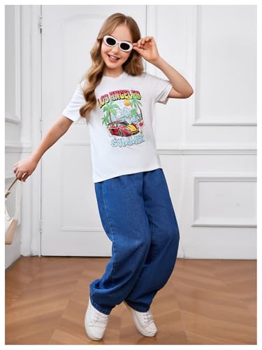 Image of RoseSeek Girl's Graphic Drop Shoulder Star Print Tee Tops Short Sleeve Crew Neck Summer Shirts