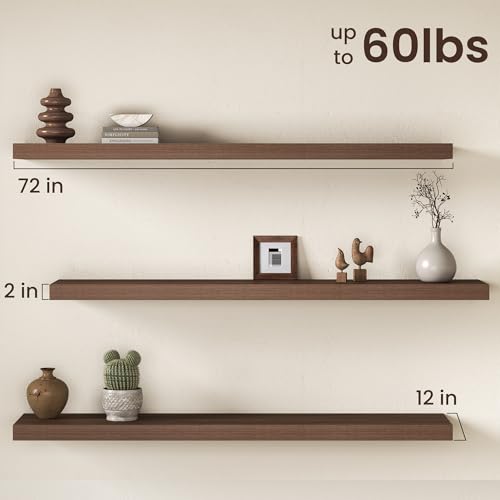 Image of Fun Memories 72 Inch Floating Shelves, 12 Inch Deep Wall Shelf for Fireplace Mantel, Deep Storage Shelves for Home & Office, Long Floating Shelf with Invisible Bracket, Walnut, Set of 2