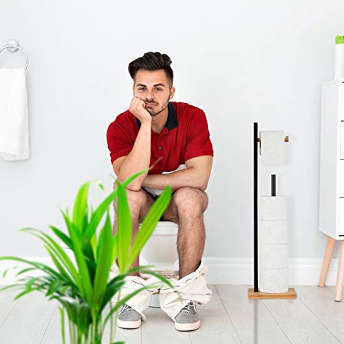 Relaxdays Freestanding Toilet Paper Holder, Bamboo with Spare Roll Rack, for 5 Pieces, HWD: 71x19x19cm, Black-Natural, Pack of 1 - Image 2