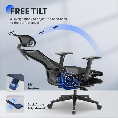 Image of FLEXISPOT Ergonomic Office Chair with Footrest High Back Mesh Computer Chair, Executive Office Desk Chairs, with Lumbar Support /2D Headrest /90-130 3-Level Reclining, OC3, Black
