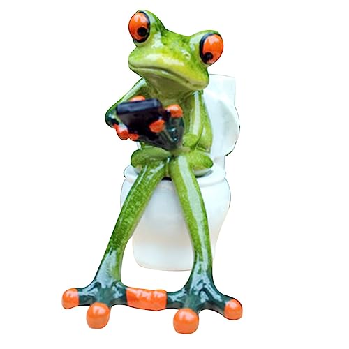 Garneck 1PC Frog Ornament Statues Decor Funny Desgin Adorable Sitting On The Toilet And Send Sms Fairy Garden for Indoor Outdoor Desk Home Bathroom Decoration (Green)