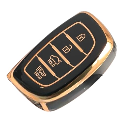 Image of TPU Car Key Cover Black & Golden Compatible for Hyundai Creta, Venue, I20 (2021),Elantra, Tucson (Hyundai, 4 Button Push Smart Key)