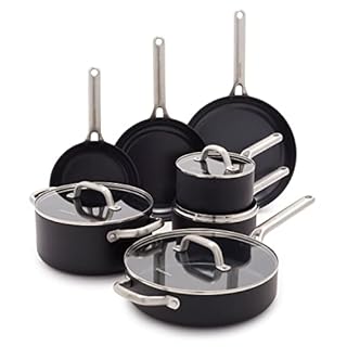 GreenPan Omega Hard Anodized Advanced Healthy Ceramic Nonstick, 11 Piece Cookware Pots and Pans Set with Glass Lids, Anti-Warping Induction Base, Dishwasher Safe, Oven & Broiler Safe, Black (B0B726M89Y)
