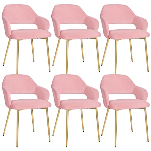 VECELO Velvet Dining Chairs Set of 6, Modern Upholstered Kitchen Chairs with Cushion, Padded Backrest and Metal Legs, Pink