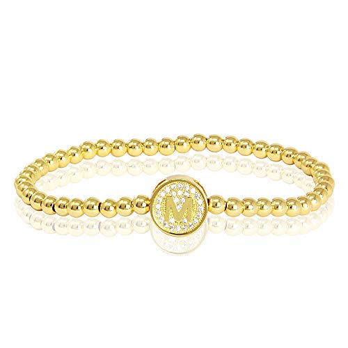 by you Initial Bracelets for Women 26 Letters Alphabet Round Charm Stainless Steel Gold Silver Beaded ball Bracelets (Gold - M)