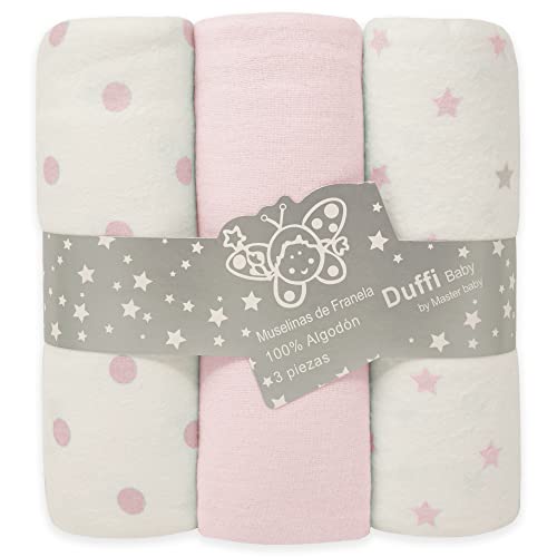 Duffi Baby - Pack 3 Muselinas Bebe Algodon Estampadas. Set Tres Muselinas para Bebes Rectangulares 80 x 110 cm. Manta Verano Bebe Franela 100% Algodon Suave. Toallas Bebe Recien Nacido. Rosa. 1392-06