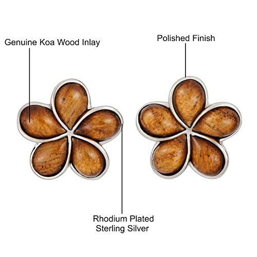 925 Sterling Silver Koa Wood Hawaiian Plumeria Flower Stud Earrings, Nickel Free Hypoallergenic for Sensitive Skin, Rhodium Finished, Gift Box Included4