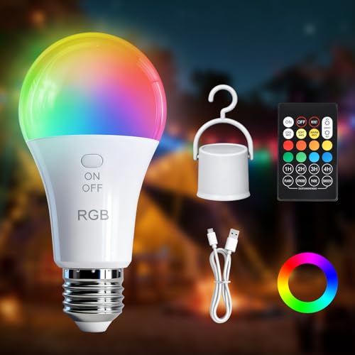 Kambo E27 LED RGB Ampoule, Rechargeable, avec télécommande, 7 W intensité variable, Changement de couleur, Fonction de minuterie, pour camping en plein air,...