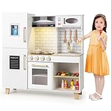 Maxmass Kids Play Kitchen, Wooden Children Pretend Kitchen with Realistic Lights, Sound, Range Hood, Chalkboard, Sink, Faucet, Toddler Role Play Kitchens Toy Set for 3+ Years Old (White)